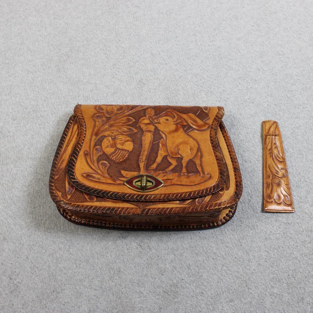 Vintage Tooled Leather Bag Women Medium Pen Holder Matador Bull Boho Turn Lock